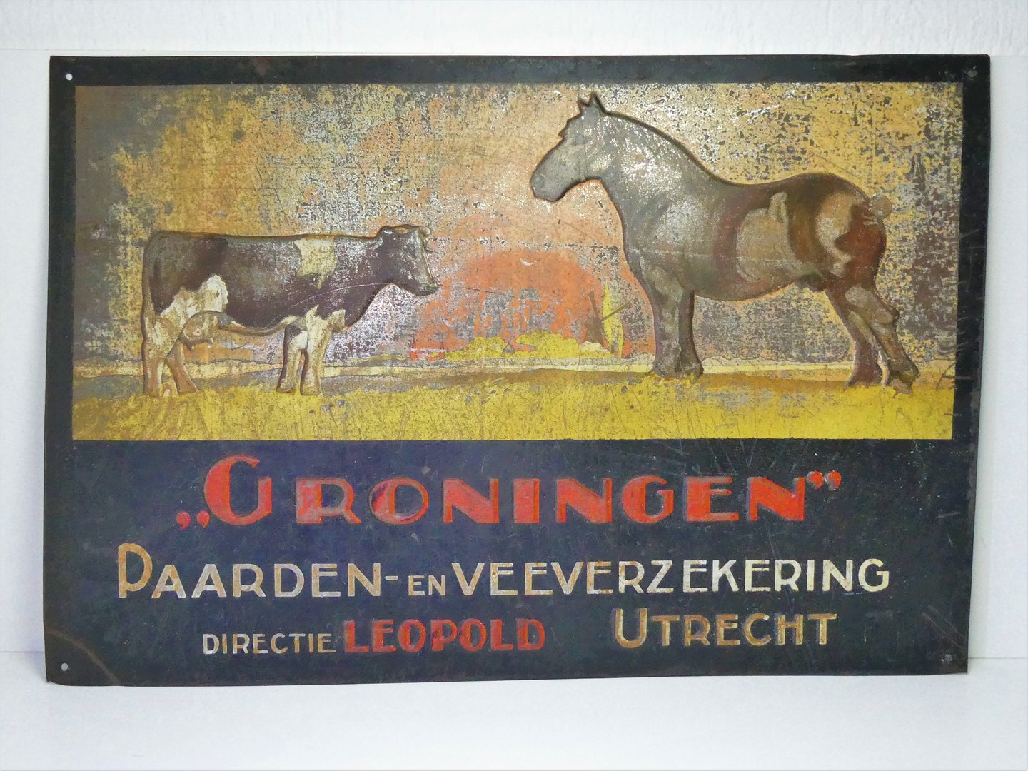Antiek # 1910 Metalen Reclamebord "GRONINGEN" Paarden en Veeverzekering