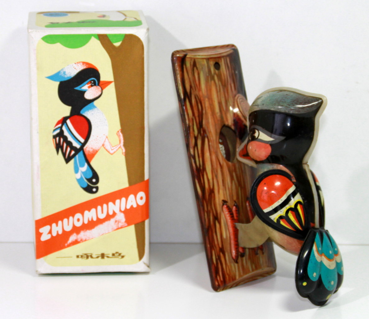 Vintage Chinese Blikken Specht / Woodpecker in doos !!