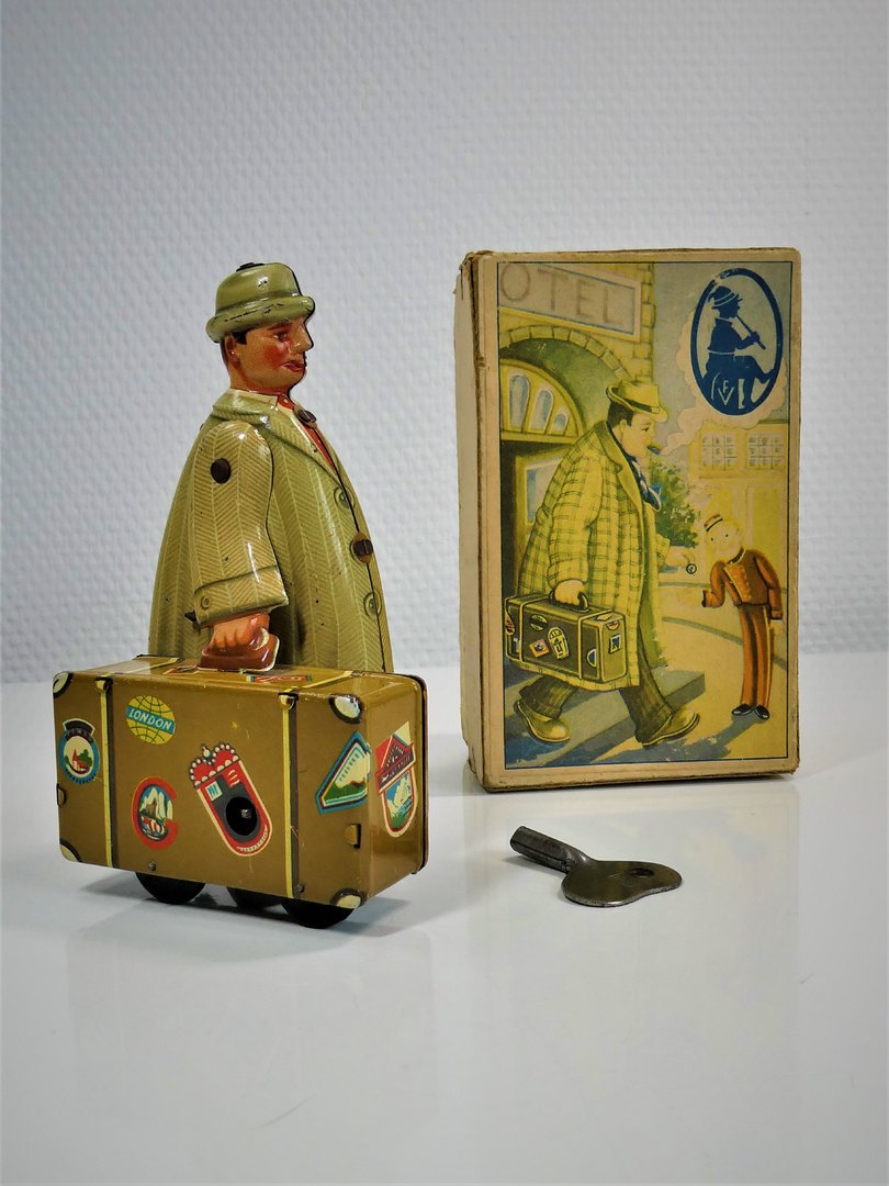 Fritz Voit (W-Germany) # 1950's blikken "Kofferman / Reiseonkel" met Originele doos .